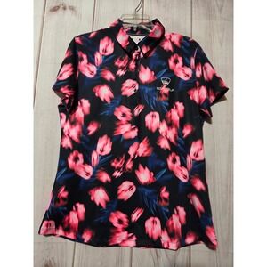 Under Armour Womens Topgolf Floral Polo Shirt Pink Black Large Moisture Wicking